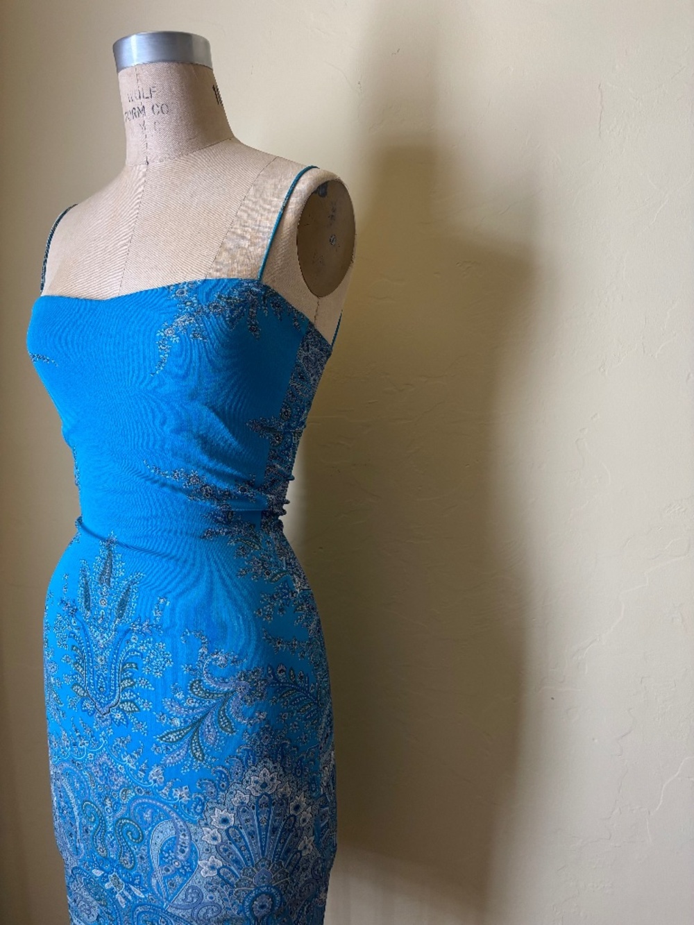 YIGAL AZROUEL / turquoise paisley nylon / 2000 / midi body con dress / 1 / XS